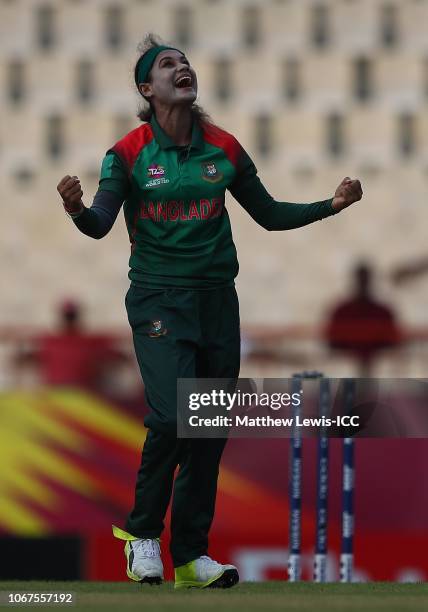 Jahanara Alam of Bangladesh celebrates bowling Yasoda Mendis of Sri Lanka during the ICC Women's World T20 2018 match between Sri Lanka and...