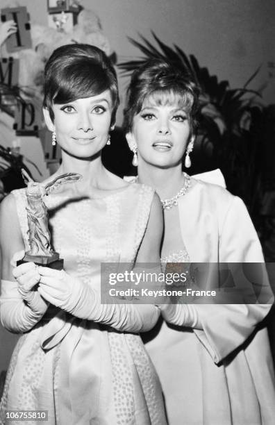 Paris, Audrey Hepburn And Gina Lollobrigida At Marigny Theatre. October 29Th 1965