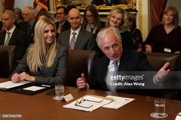 Sen. Bob Corker speaks as daughter of President Donald Trump and White House adviser Ivanka Trump listens during a meeting on investments at the U.S....