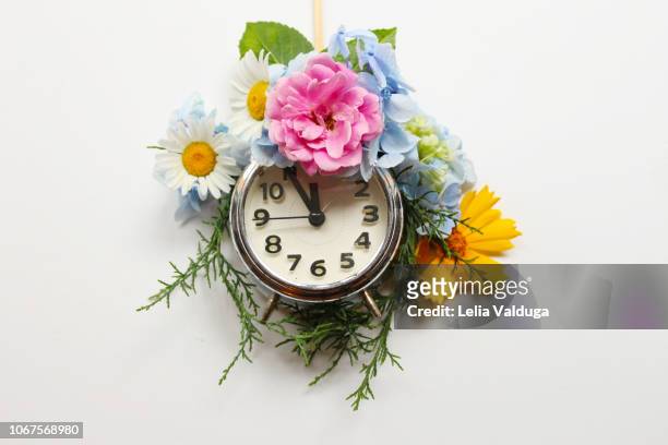spring and summer time clock - conceptual nature - the first time stock pictures, royalty-free photos & images