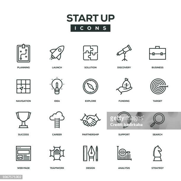 illustrazioni stock, clip art, cartoni animati e icone di tendenza di start up line icon set - nuova impresa