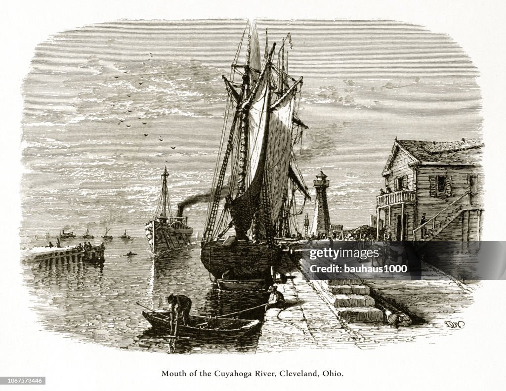 Mouth of the Cuyahoga River, Cleveland, Ohio, United States, American Victorian Engraving, 1872
