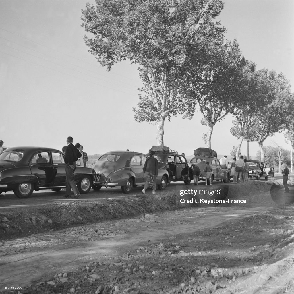 Traffic Jam On The Vacation Road In 1956, In France.