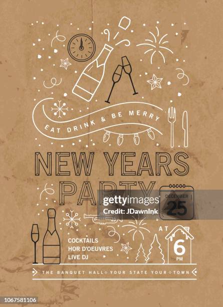 stockillustraties, clipart, cartoons en iconen met vakantie nieuwe jaar partij uitnodiging ontwerpsjabloon met lijn kunst pictogrammen - new years 2018