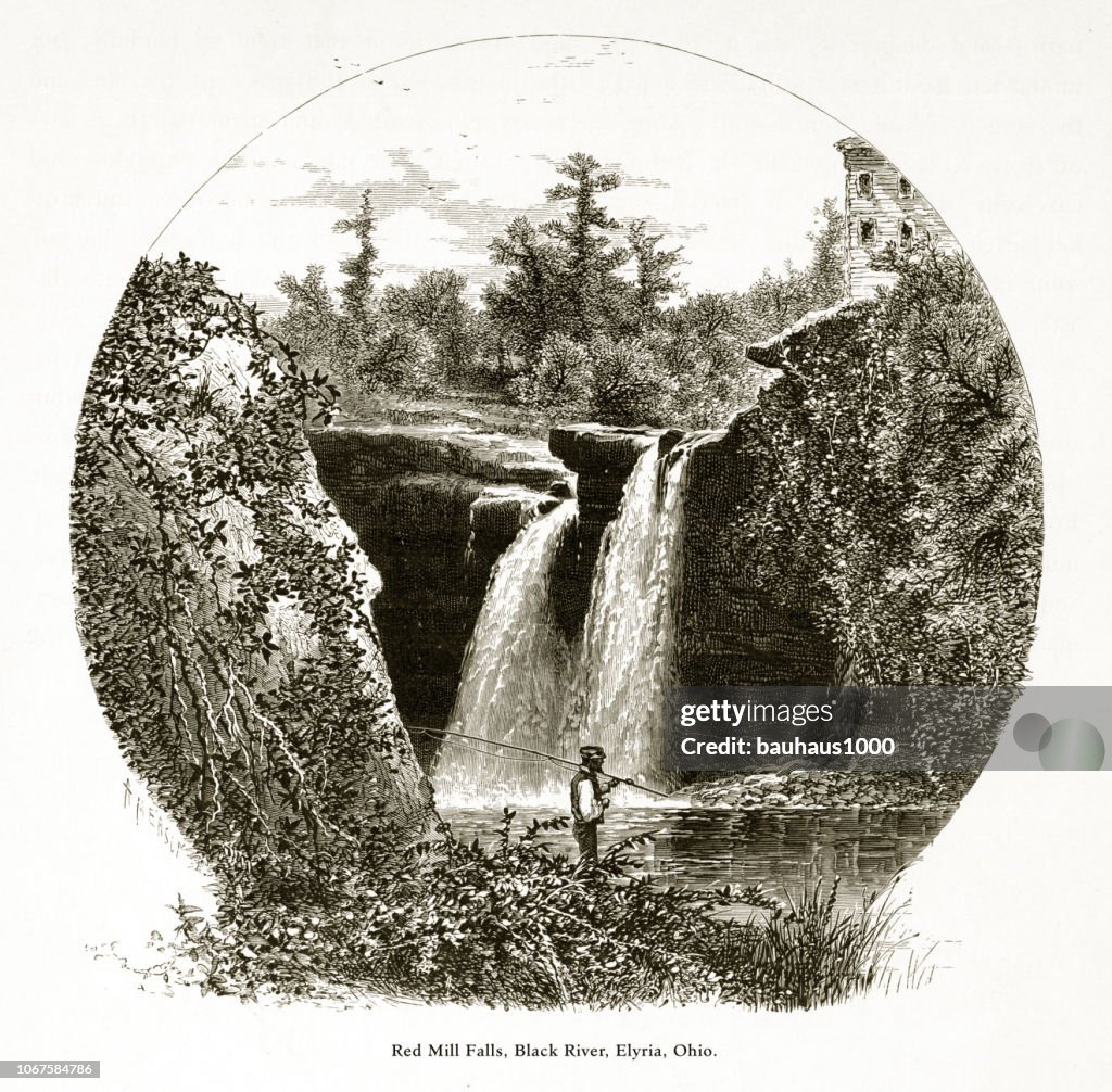 Red Mill Falls, Black River Near Elyria, Ohio, United States, American Victorian Engraving, 1872