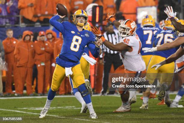 Pittsburgh Panthers quarterback Kenny Pickett passes for a completion during the ACC Championship game between the Clemson Tigers and the Pittsburgh...