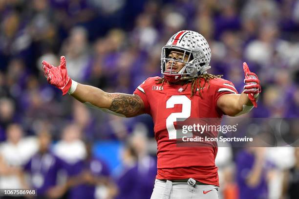 Ohio State Buckeyes defensive end Chase Young reacts after getting the sack against the Northwestern Wildcats during the Big Ten championship game on...