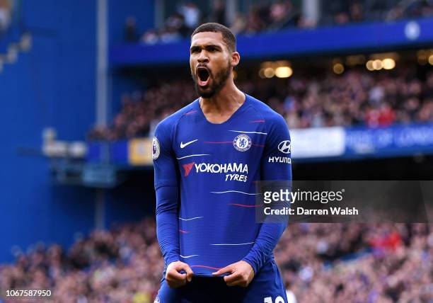 Ruben Loftus-Cheek of Chelsea celebrates after scoring his team's second goal during the Premier League match between Chelsea FC and Fulham FC at...
