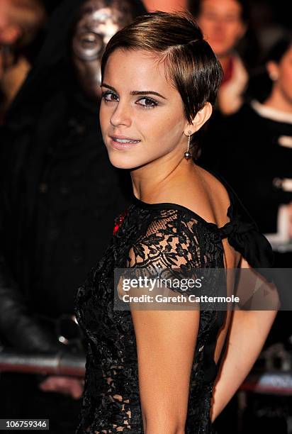 Actress Emma Watson attends the Harry Potter And The Deathly Hallows: Part 1 World film premiere at Odeon Leicester Square on November 11, 2010 in...