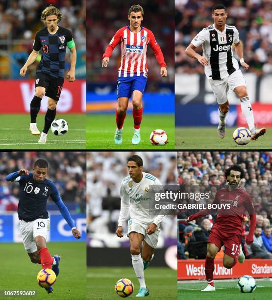 This combination of pictures created on December 01, 2018 shows Croatia's midfielder Luka Modric during the Russia 2018 World Cup football match...