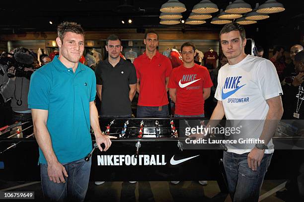 James Milner, Adam Johnson, Rio Ferdinand, Javier Hernandez and Darron Gibson attend the opening of Nike's first football only store in the world, on...