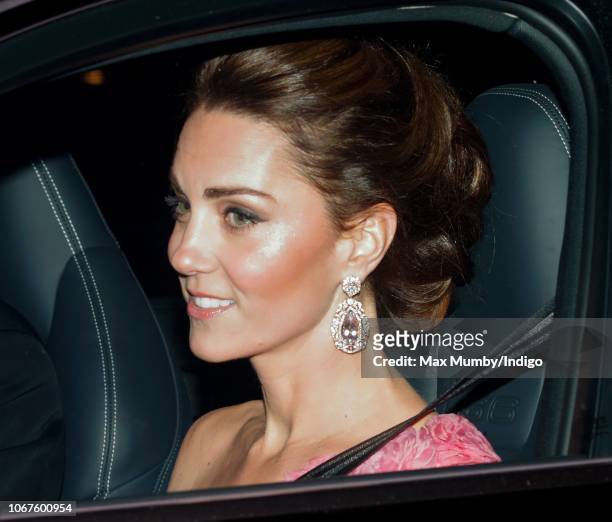 Catherine, Duchess of Cambridge leaves Kensington Palace to attend Prince Charles, Prince of Wales' 70th birthday party at Buckingham Palace on...
