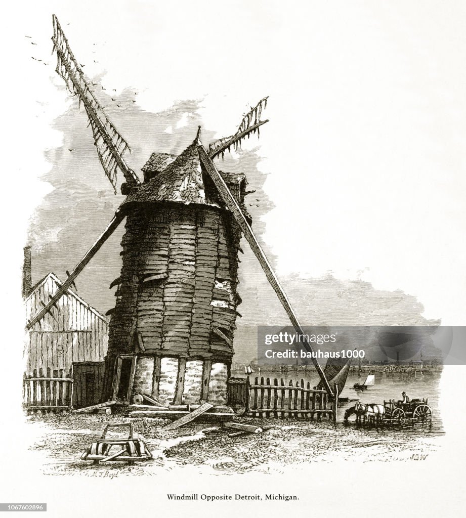 Windmill in Canada Opposite of the City of Detroit, Michigan, United States, American Victorian Engraving, 1872