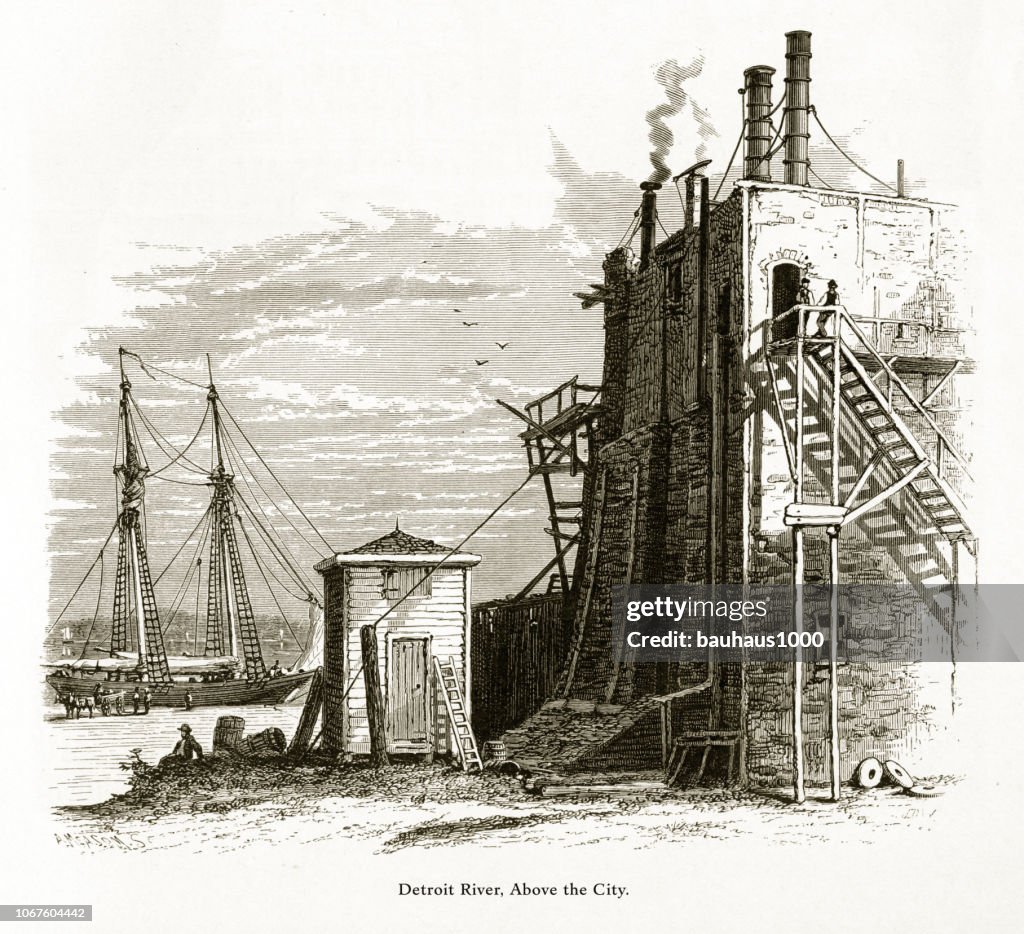 Río de Detroit sobre la ciudad de Detroit, Michigan, Estados Unidos, American victoriana grabado, 1872