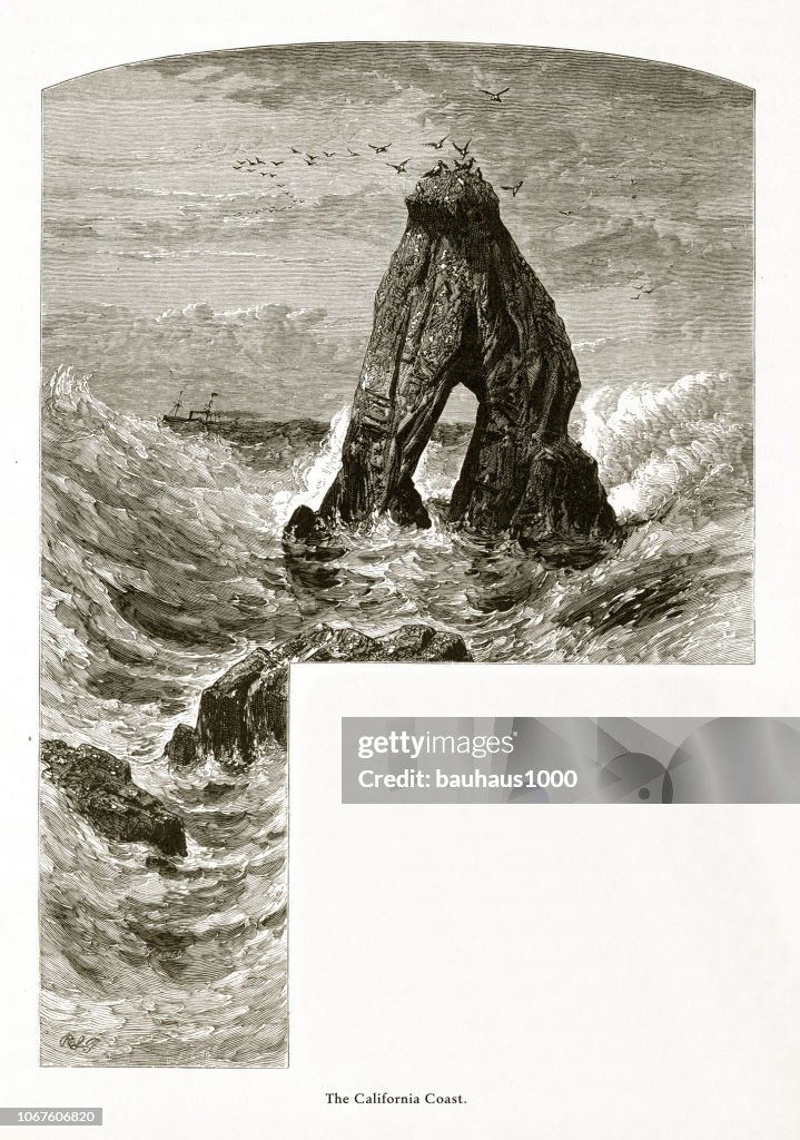 Coast of California, United States, American Victorian Engraving, 1872