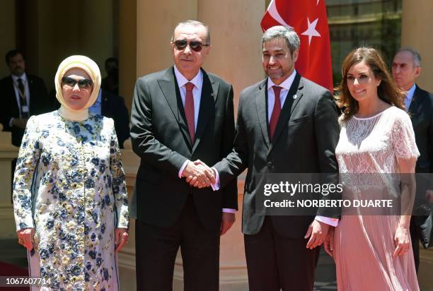 Paraguay's President Mario Abdo Benitez and Turkey's President Recep Tayyip Erdogan shake hands flanked by First Ladies Silvana Lopez and Emine...