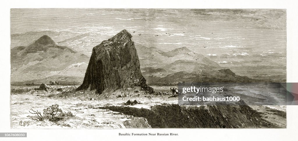 Basalt vorming in de buurt van de Russische rivier aan de kust van Californië, Verenigde Staten, Amerikaanse Victoriaanse gravure, 1872