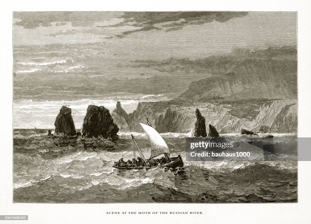 Scene at the Mouth of Russian River on the Coast of California, United States, American Victorian Engraving, 1872