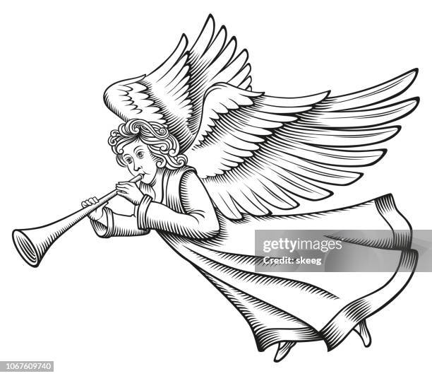 stockillustraties, clipart, cartoons en iconen met angel houtsnede - blaasinstrument