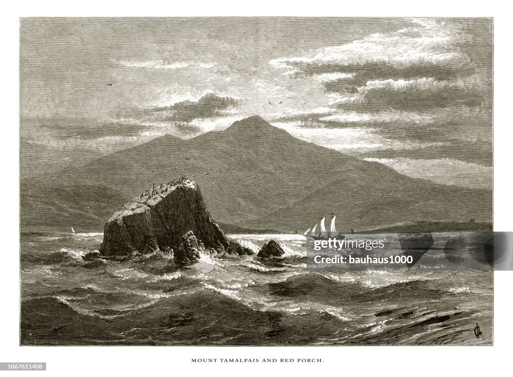 Mount Tamalpais and Red Porch on the Coast of California, United States, American Victorian Engraving, 1872