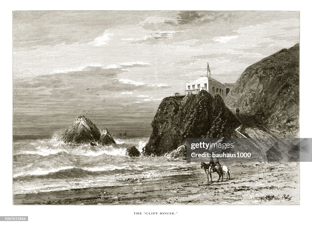 Cliff House, Golden Gate on the Coast of California, United States, American Victorian Engraving, 1872