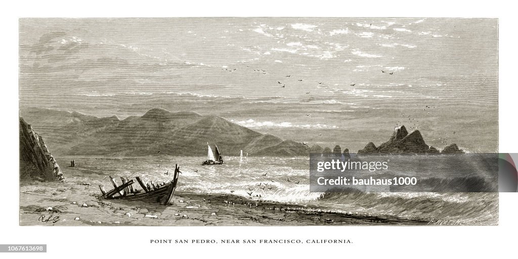 Ponto de San Pedro, perto de San Francisco, na costa da Califórnia, Estados Unidos, American vitoriana gravura, 1872