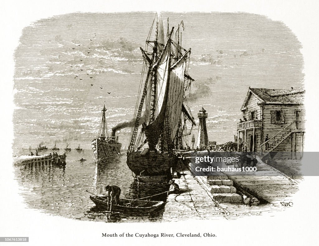 Mouth of the Cuyahoga River, Cleveland, Ohio, United States, American Victorian Engraving, 1872