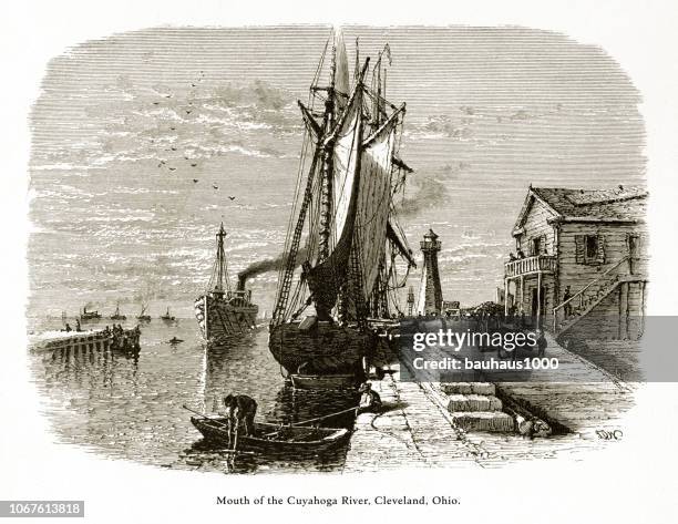 Mouth Of The Cuyahoga River Cleveland Ohio United States American Victorian Engraving 1872 High-Res Vector Graphic