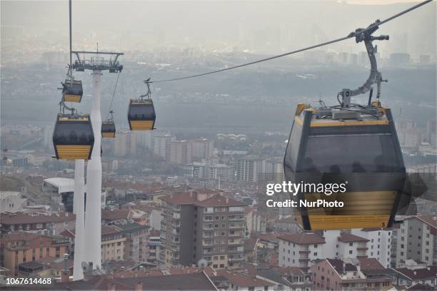 Cable cars move on the line between Yenimahalle and Sentepe districts in Ankara, Turkey on December 2, 2018. The cable car line between Yenimahalle...