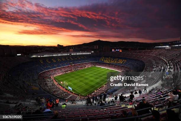 General view inside the stadium as the sun sets prior to the La Liga match between FC Barcelona and Villarreal CF at Camp Nou on December 2, 2018 in...