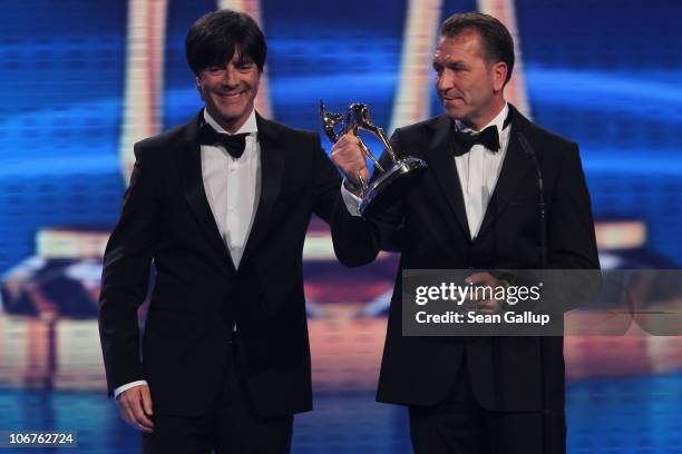 Joachim Loew and Andreas Koepke receive the Special Award of the jury during the Bambi 2010 Award Ceremony at Filmpark Babelsberg on November 11,...