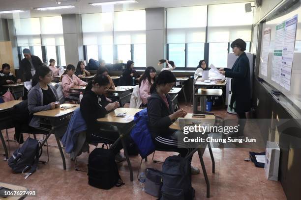 South Korean students take their College Scholastic Ability Test at a school on November 15, 2018 in Seoul, South Korea. More than 590,000 high...