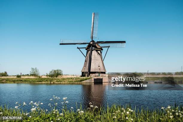single windmill at kinderdijk - netherlands windmill stock pictures, royalty-free photos & images