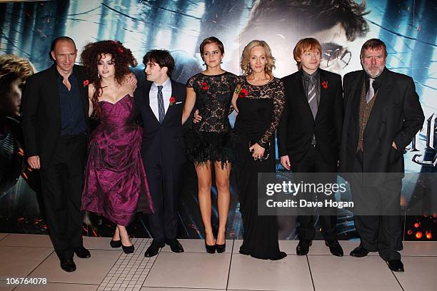 Ralph Fiennes, Helena Bonham Carter, Daniel Radcliffe, Emma Watson, J K Rowling, Rupert Grint and Timothy Spall attend the World Premiere of Harry...