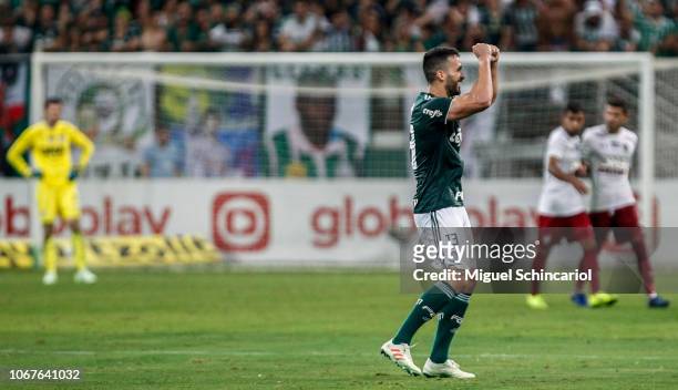 Luan of Palmeiras celebrates after scoring the third goal of his team during a match between Palmeiras and Fluminense for the Brasileirao Series A...