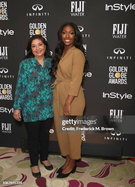 Hollywood Foreign Press Association President Meher Tatna and 2019 Golden Globe Ambassador and actor Idris Elba's daughter, Isan Elba attend The...