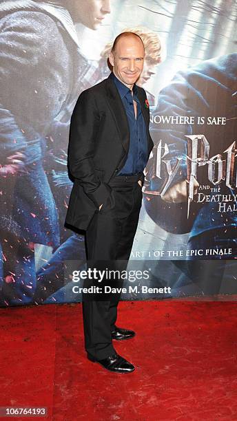 Actor Ralph Fiennes attends the World Premiere of Harry Potter And The Deathly Hallows: Part 1 at Odeon Leicester Square on November 11, 2010 in...