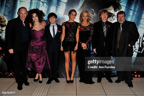 Actors Ralph Fiennes, Helena Bonham Carter, Daniel Radcliffe, Emma Watson, author J. K. Rowling, Rupert Grint and Timothy Spall attend the world...