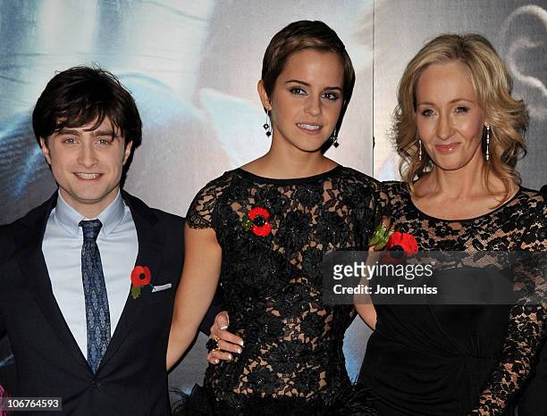 Actor Daniel Radcliffe, actress Emma Watson and author J. K. Rowling attend the world premiere of "Harry Potter and The Deathly Hallows" at Odeon...