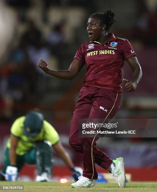 Stafanie Taylor of West Indies celebrates bowling Chloe Tryon of South Africa during the ICC Women's World T20 2018 match between West Indies and...
