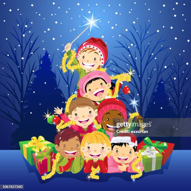 kids pile up as a christmas tree - child climbing stock illustrations