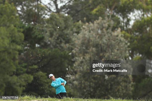 John Senden of Australia plays his approach shot on the 4th hole during day one of the 2018 Australian Golf Open at The Lakes Golf Club on November...