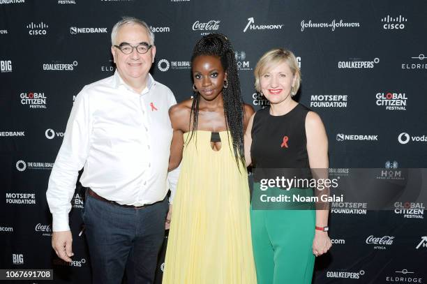 Paul Stoffels, Chief Scientific Officer at Johnson & Johnson, Danai Gurira and Dr. Glenda Gray, President of South African Medical attend the Global...