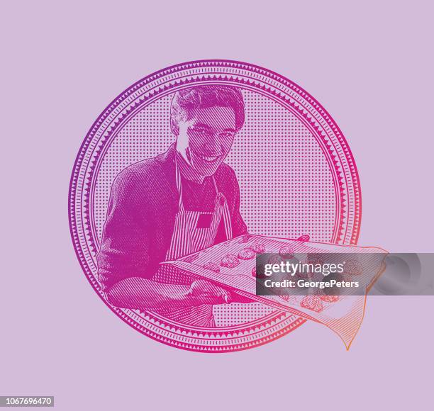 happy young man baking cookies - cookie sheet stock illustrations