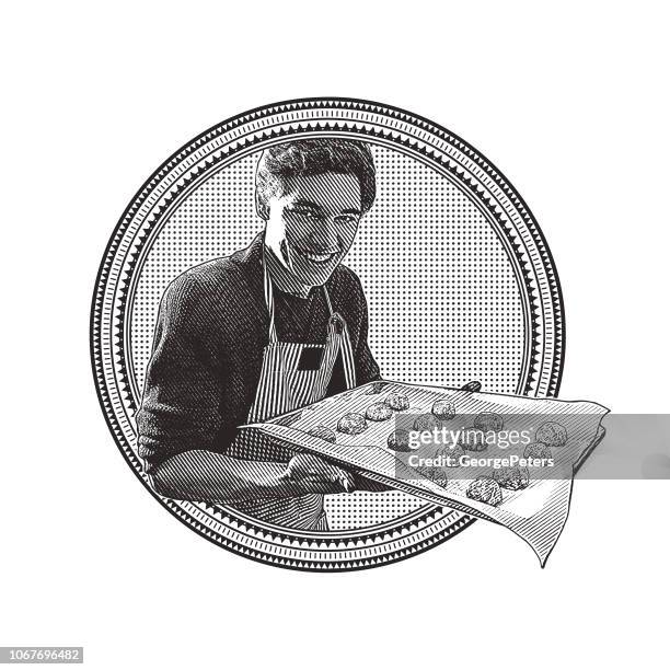 happy young man baking cookies - baking sheet stock illustrations