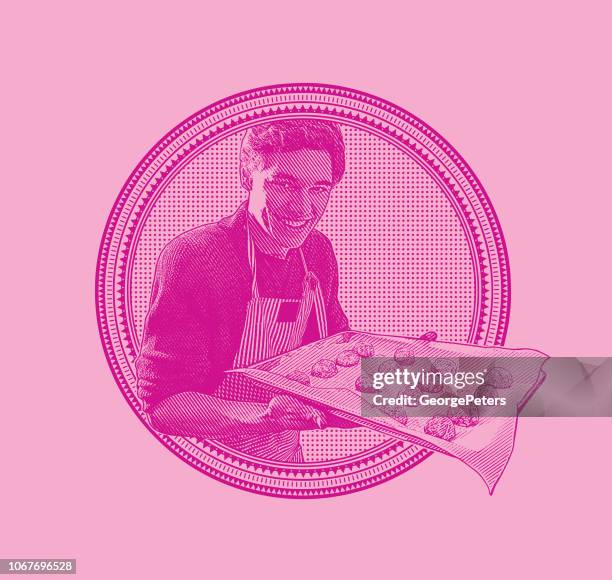 happy young man baking cookies - baking sheet stock illustrations