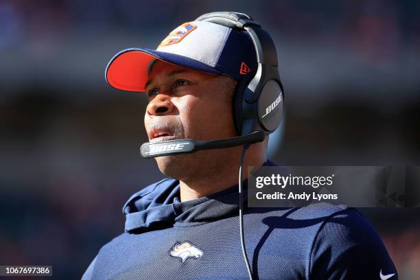 Head coach Vance Joseph of the Denver Broncos watches as his players take on the Cincinnati Bengals during the first quarter at Paul Brown Stadium on...