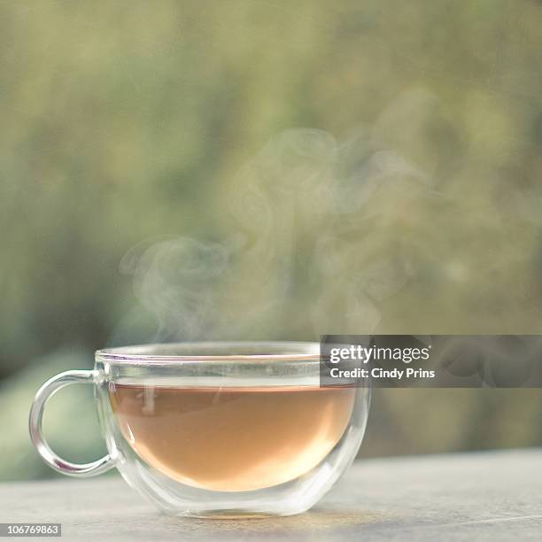 glass cup of hot steaming tea - tea cup photos et images de collection