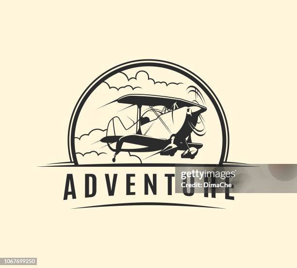 plane with propeller taking off in clouds - outline vector emblem - tourism logo stock illustrations