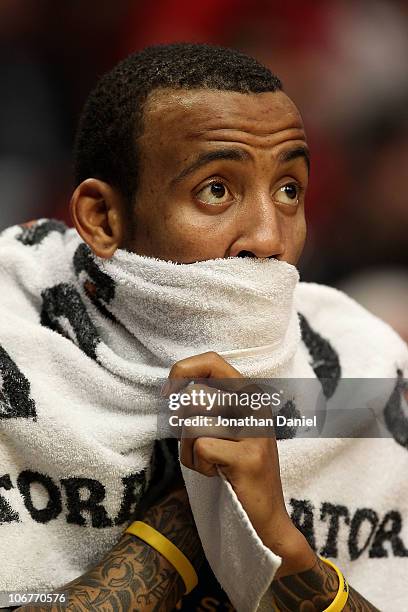 Monta Ellis of the Golden State Warriors watches his teammates from the bench near the end of a loss to the Chicago Bulls at the United Center on...